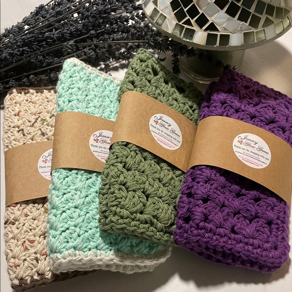 2 Hand Crafted Crocheted Washcloths Dishcloths with Hanging Loop - 100% Cotton - Picture 6 of 6